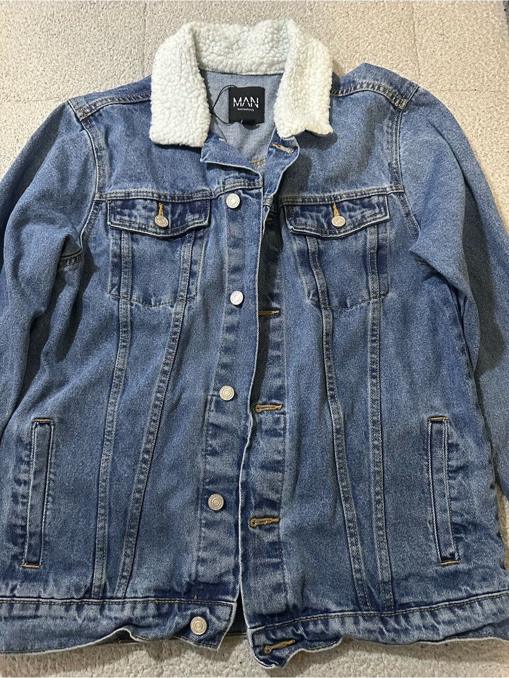Mango Blue Denim Jacket with White Sherpa Collar